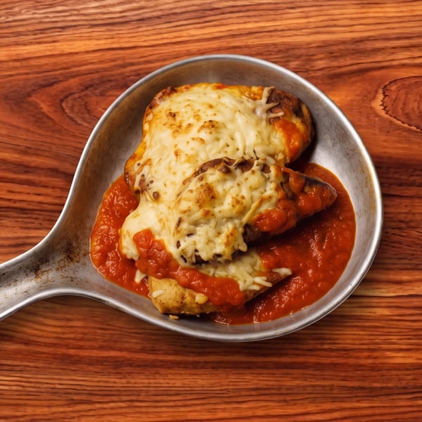 Chicken parmesan with melted cheese and red sauce in a metal dish on a wooden table.