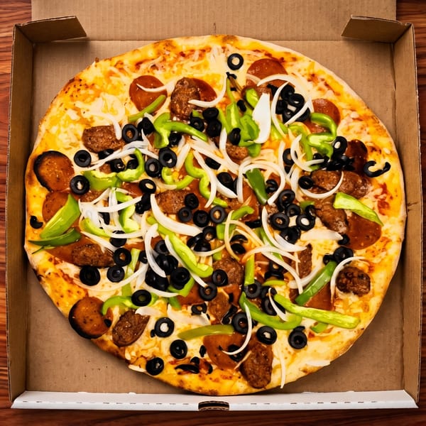 A whole pizza with pepperoni, sausage, green peppers, black olives, and onions in a cardboard box.