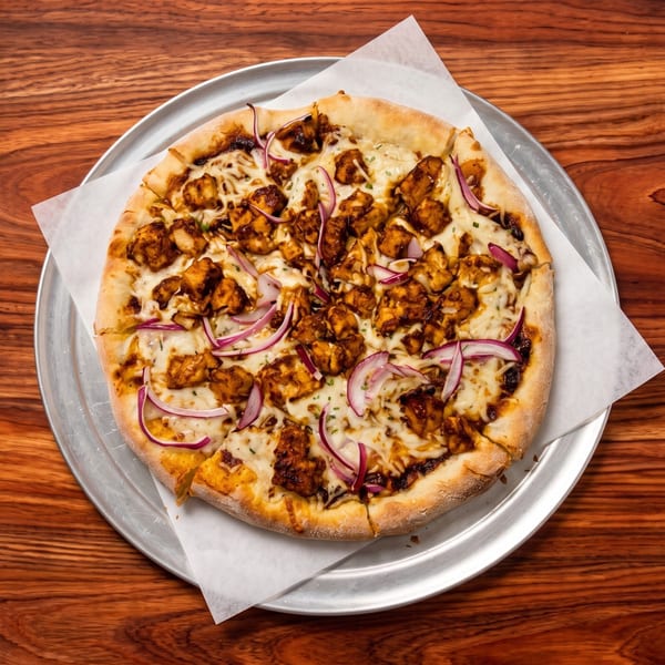 BBQ chicken pizza with red onions and melted cheese on a metal tray over a wooden table.