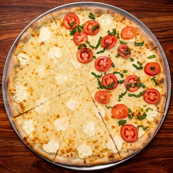 A large pizza, half white cheese and half Margherita with tomatoes and basil, on a wooden table.