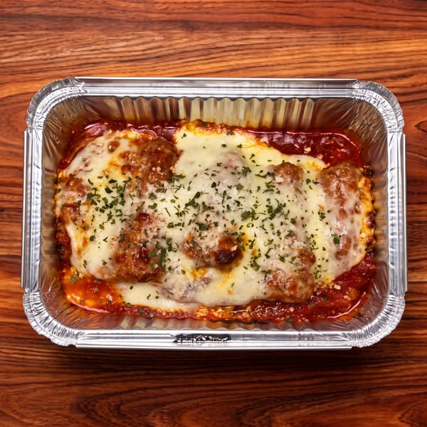 Baked pasta with meatballs, melted cheese, and parsley in a foil takeout container on a wooden table.